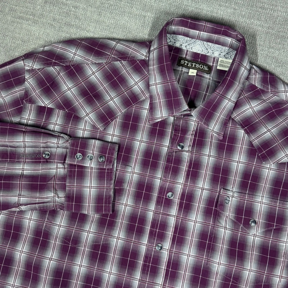 Stetson Mens XL Western Pearl Snap Shirt Purple Plaid Long Sleeve‎ Cowboy Rodeo